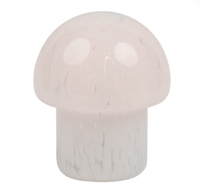What are the characteristics of the light emitted by the Spotted Glass Mushroom Table Lamp?